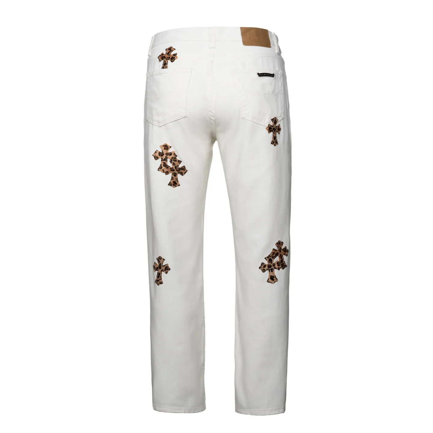 P220 running model) Chrome Hearts 24SS white-bottomed leopard print and leather high street jeans - Chrome Hearts' most popular color pants are made of beaded canvas fabric, and heavy washing makes the upper body of the fabric more textured and the pants are tall and straight! The three-dimensional cutting of the whole trousers is a masterpiece! The hardware is customized by zp. The beaded canvas fabric is thick and soft after being washed. It has good breathability. Customized small leather label. Unique design. The details are simple and elegant, and the workmanship is exquisite. The whole trousers are neatly routed and the details are in place! It’s so cool that both men and women can easily control the genderless trend! Style number: 1641# Size: 28 30 32 34 Color: white